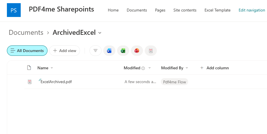 SharePoint Documents library open at the ArchivedExcel folder, showing ExcelArchived.pdf modified a few seconds ago by the Pdf4me Flow account
