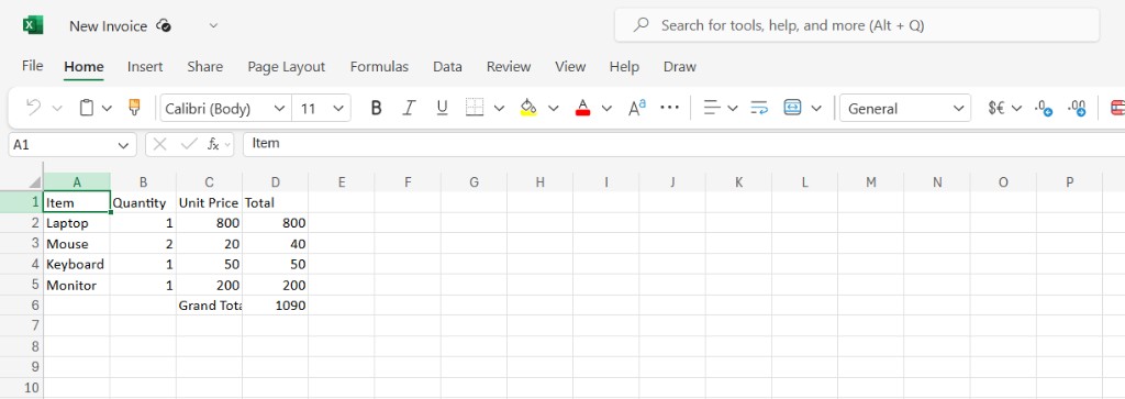 Excel New Invoice spreadsheet Item Quantity Unit Price Total Grand Total 1090