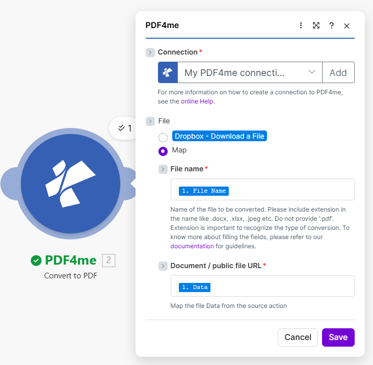 Make PDF4me Convert to PDF Map File name 1 File Name Document 1 Data