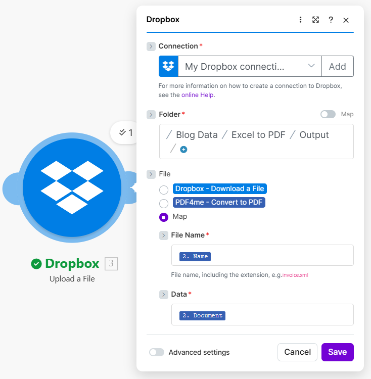 Make Dropbox Upload a File folder Output File Name 2 Name Data 2 Document