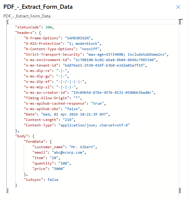 PDF Extract Form Data output JSON statusCode 200 body formData customer_name email item quantity price isAsync false