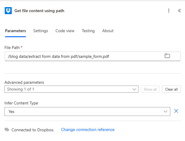 Dropbox Get file content using path with File Path blog data extract form data from pdf sample_form.pdf and Infer Content Type Yes