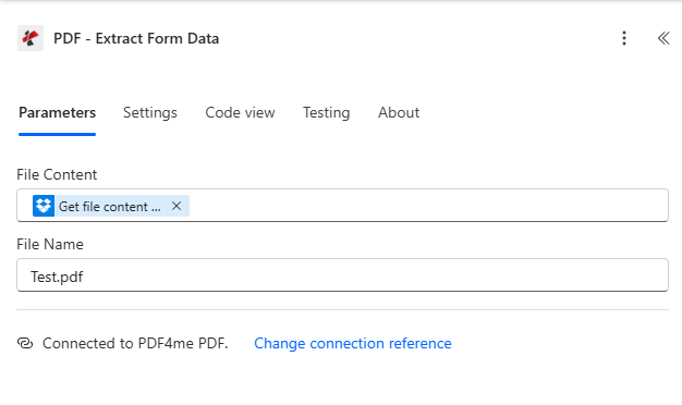PDF Extract Form Data Parameters with File Content from Get file content and File Name Test.pdf