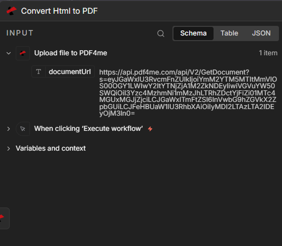 Convert Html to PDF: HTML URL expression, Layout Portrait, Format A4, Scale 0.8, margins 40px, Output File Name output.pdf