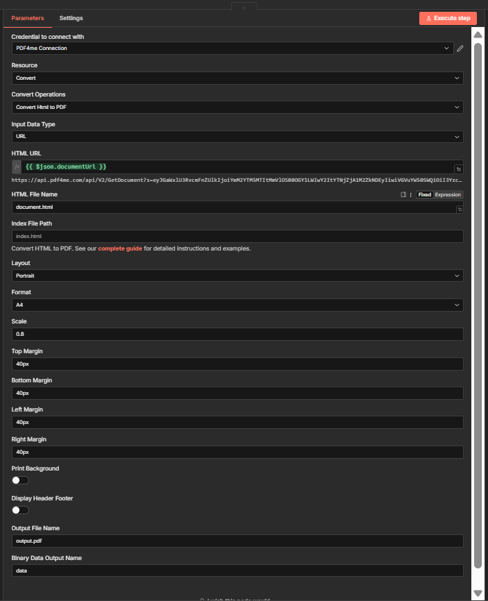 Convert Html to PDF INPUT: documentUrl from Upload file to PDF4me