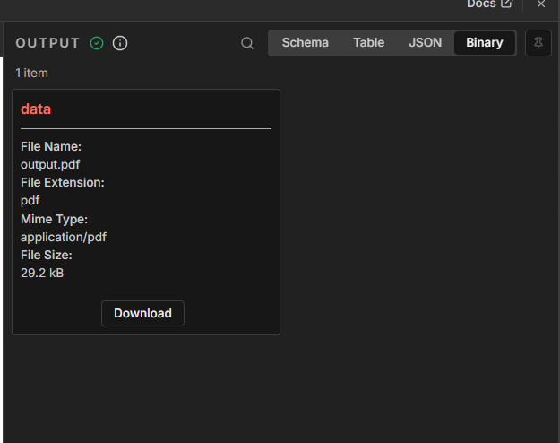 OUTPUT: 1 item, output.pdf, 29.2 kB, Download button, Binary tab selected