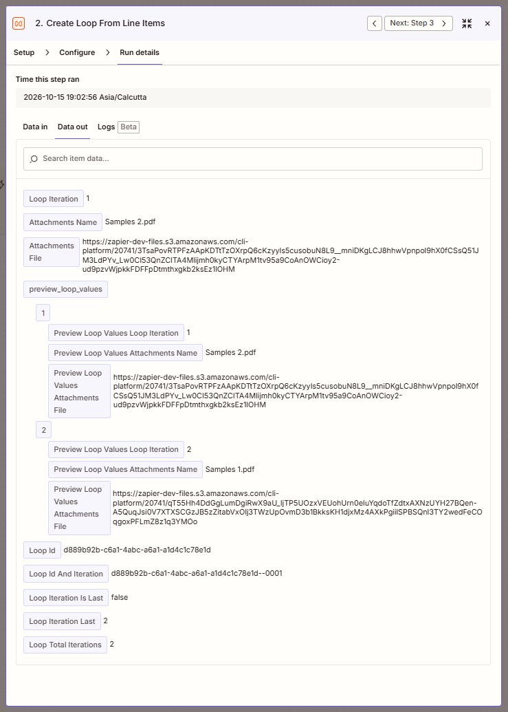 Looping by Zapier step 2 Run details Data out tab showing Loop Iteration 1 with Attachments Name Samples 2.pdf and an Attachments File URL on zapier-dev-files.s3.amazonaws.com, a preview_loop_values block listing iteration 1 as Samples 2.pdf and iteration 2 as Samples 1.pdf, and the fields Loop Id, Loop Id And Iteration, Loop Iteration Is Last false, Loop Iteration Last 2 and Loop Total Iterations 2