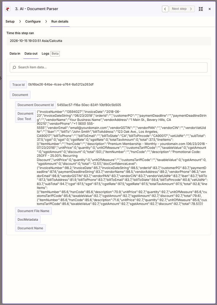 The same PDF4me AI - Document Parser step on the second loop iteration, showing a different Trace Id 0b16be26-64be-4cee-a764-8a52f2a263df and Document Id 5450ac57-f16a-50ec-834f-10bf80c5b505, with the same invoice fields and slightly different confidence scores