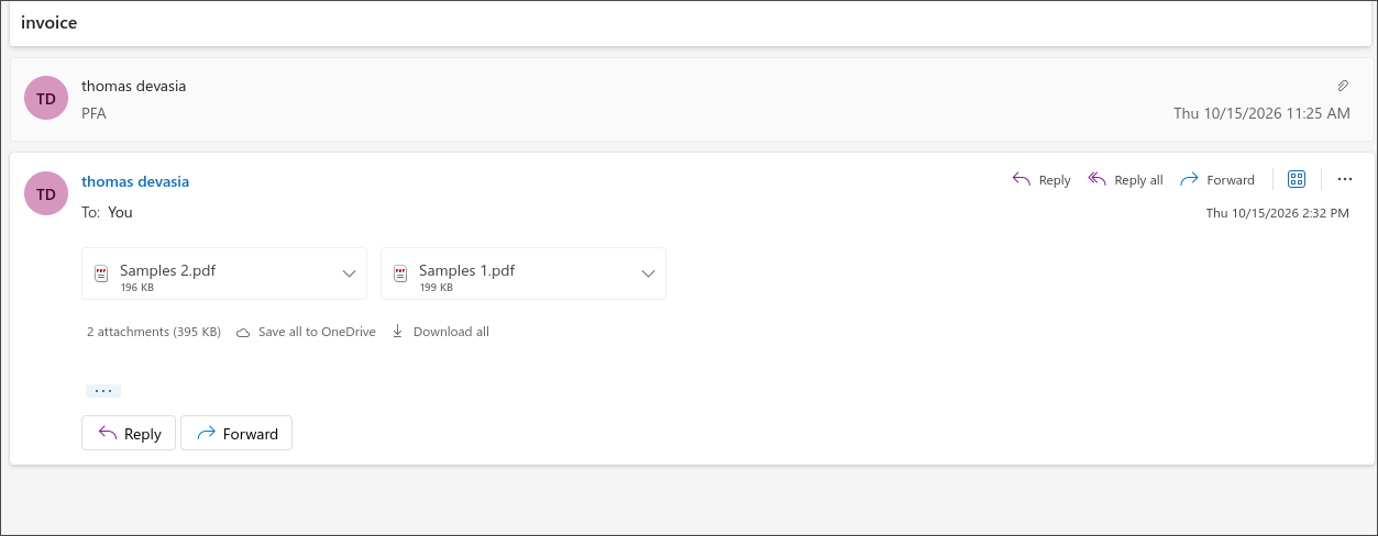 Outlook showing an email with the subject invoice and the body PFA, carrying two attachments, Samples 2.pdf at 196 KB and Samples 1.pdf at 199 KB, listed as 2 attachments totalling 395 KB
