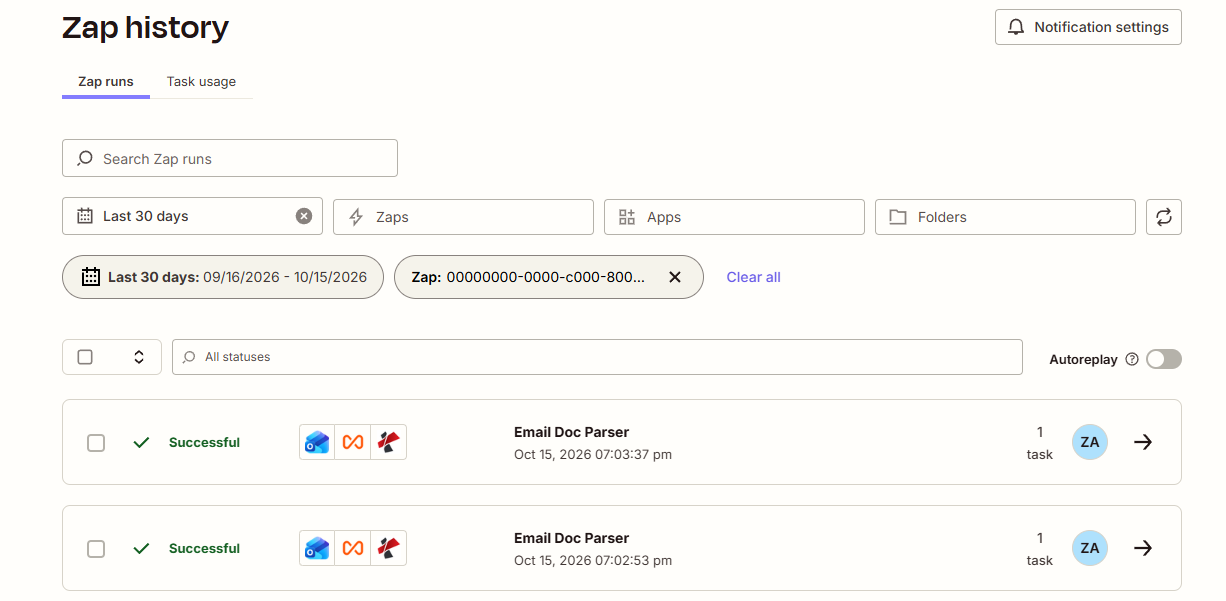 Zapier Zap history listing two successful runs of the Email Doc Parser Zap on Oct 15 2026 at 07:02:53 pm and 07:03:37 pm, each consuming 1 task, with the Outlook, Looping and PDF4me app icons shown on both rows