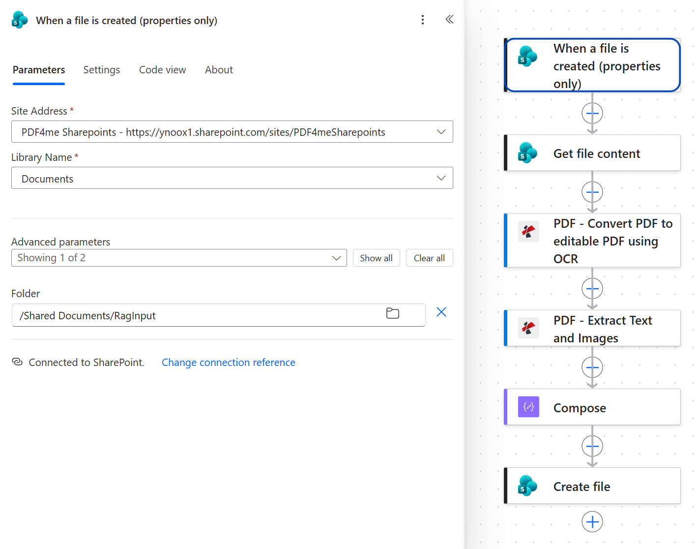 Power Automate When a file is created properties only trigger panel with Site Address set to PDF4me Sharepoints, Library Name set to Documents, and the advanced Folder parameter set to /Shared Documents/RagInput