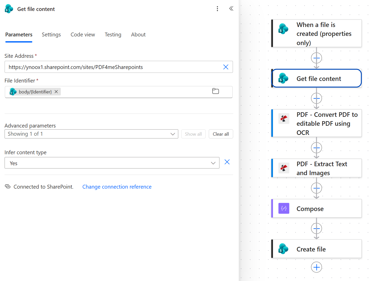 SharePoint Get file content action panel with Site Address set to the PDF4me Sharepoints site, File Identifier mapped to the trigger's Identifier token, and Infer content type set to Yes