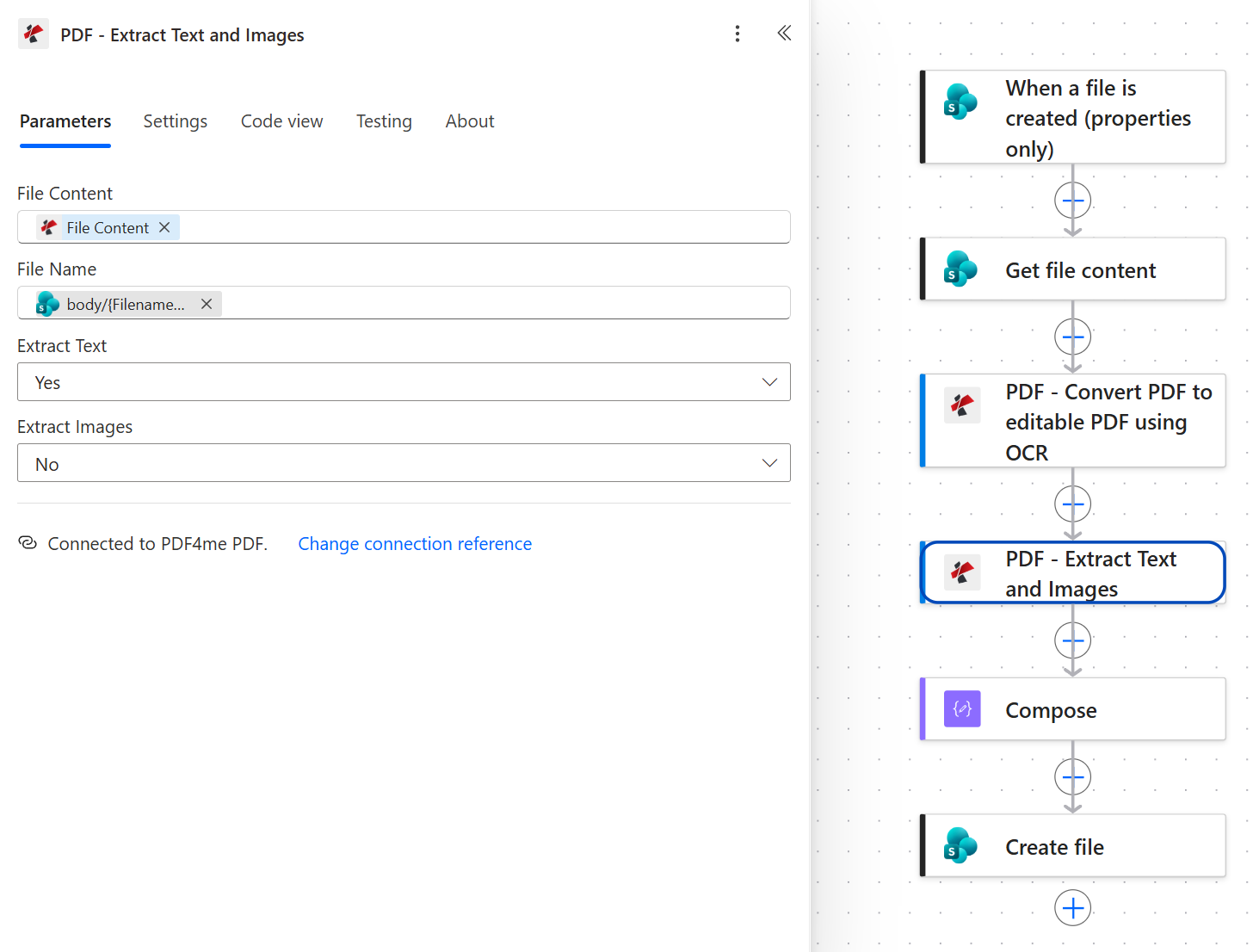 PDF4me Extract Text and Images action panel with File Content mapped from the PDF4me OCR action, File Name from the SharePoint trigger, Extract Text set to Yes and Extract Images set to No