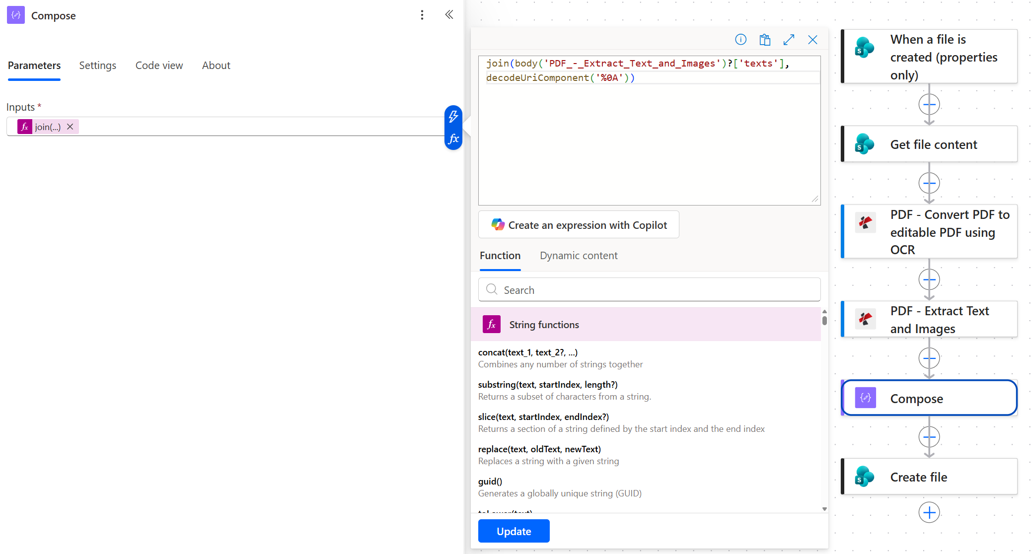 Power Automate Compose action with the expression editor open showing join of the PDF Extract Text and Images texts array with decodeUriComponent percent zero A as the separator