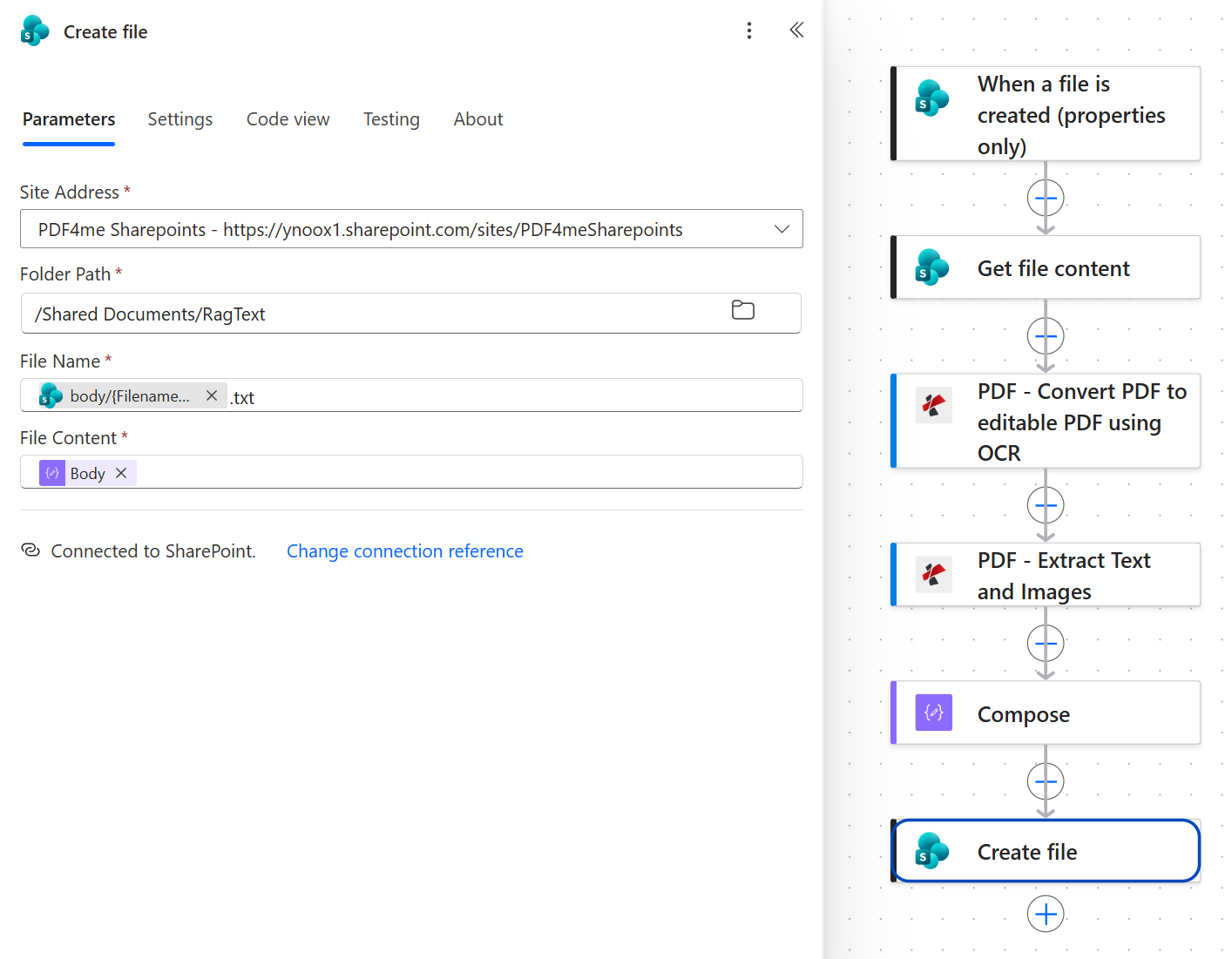 SharePoint Create file action with Site Address PDF4me Sharepoints, Folder Path /Shared Documents/RagText, File Name built from the trigger file name token plus .txt, and File Content set to the Compose output token