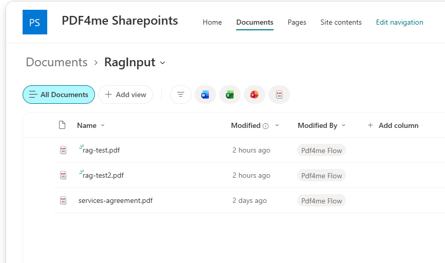 SharePoint Documents library showing the RagInput folder containing rag-test.pdf, rag-test2.pdf and services-agreement.pdf, all modified by the Pdf4me Flow account