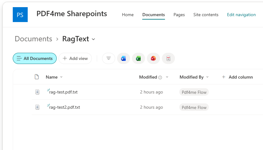 SharePoint Documents library showing the RagText folder containing rag-test.pdf.txt and rag-test2.pdf.txt produced by the flow