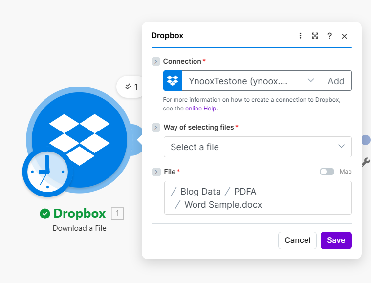 Dropbox Download a File: Connection, Way of selecting files Select a file, File /Blog Data/PDFA/Word Sample.docx
