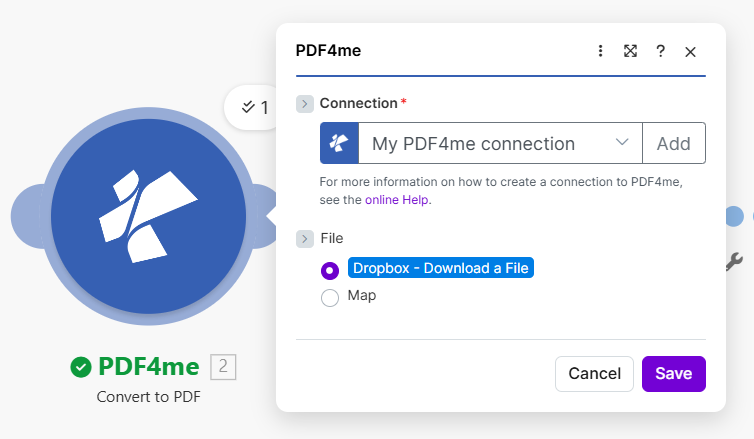 PDF4me Convert to PDF: Connection, File from Dropbox - Download a File
