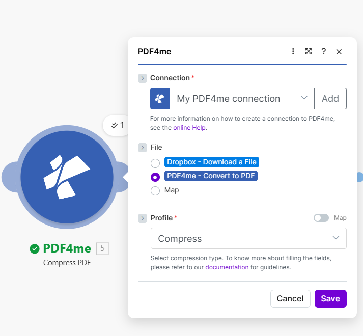 PDF4me Compress PDF: File from Convert to PDF, Profile Max