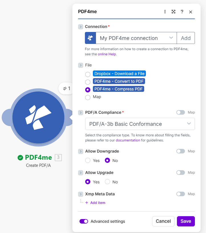 PDF4me Create PDF/A: File from Compress PDF, PDF/A-3b, Allow Downgrade No, Allow Upgrade Yes