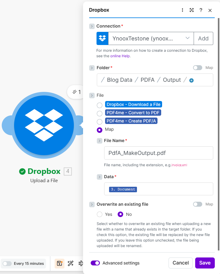 Dropbox Upload a File: Folder /Blog Data/PDFA/Output/, File from Create PDF/A, File Name PdfA_MakeOutput.pdf, Overwrite No