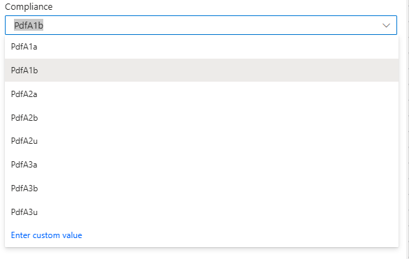 Compliance dropdown: PdfA1a, PdfA1b, PdfA2a, PdfA2b, PdfA2u, PdfA3a, PdfA3b, PdfA3u