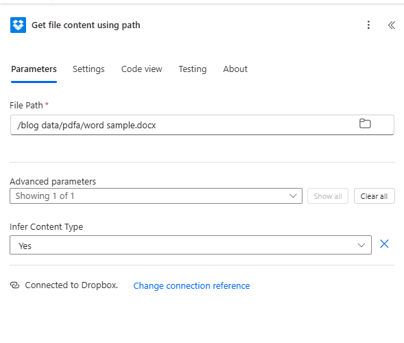 Get file content using path: File Path /blog data/pdfa/Word Sample.docx, Infer Content Type Yes