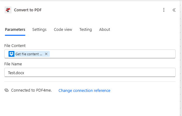 PDF - Convert to PDF: File Content from Get file content, File Name Word Sample.docx