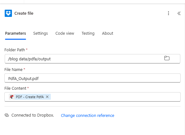 Create file: Folder Path /blog data/pdfa/output, File Name Output.pdf, File Content from Create PdfA