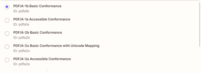 PDF/A Compliance: PDF/A-1b, 1a, 2b, 2u, 2a