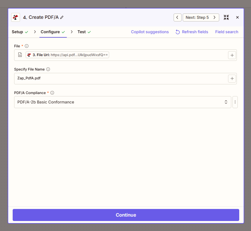 Create PDF/A: File from 3. File Url, File Name from step 3, PDF/A Compliance PDF/A-2b