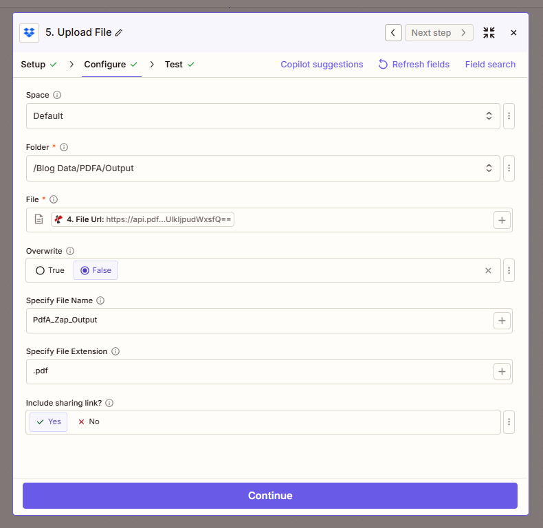 Upload File: Folder /Blog Data/PDFA/Output, File from 4. File Url, Specify File Name PdfA_Zap_Output, Extension .pdf