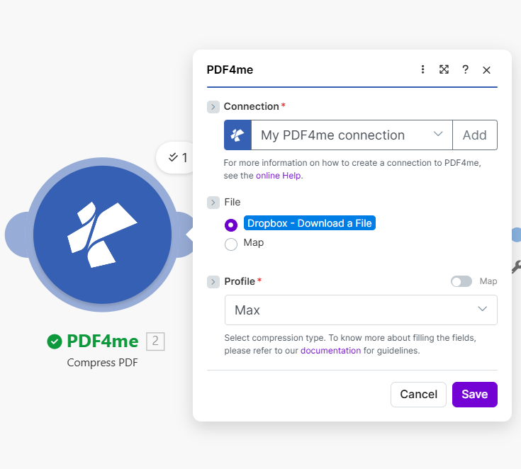 PDF4me Compress PDF: File from Dropbox, Profile Max