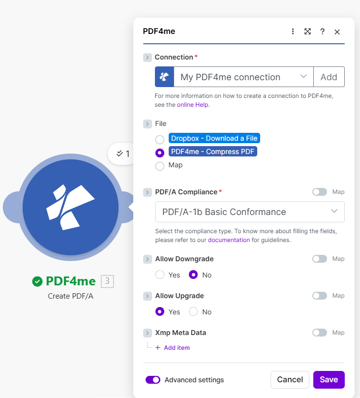 Create PDF/A: File from Compress PDF, PDF/A-1b, Allow Downgrade No, Allow Upgrade Yes