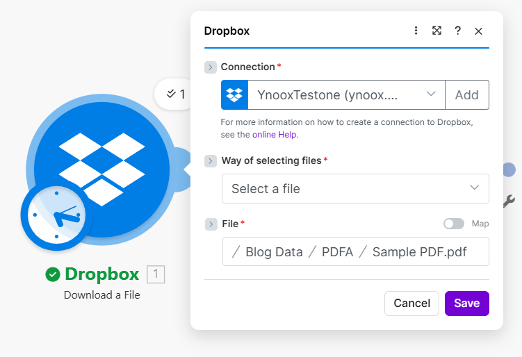 Dropbox Download a File: Connection YnooxTestone, Way of selecting files Select a file, File /Blog Data/PDFA/Sample PDF.pdf