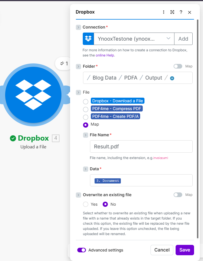 Dropbox Upload: Folder /Blog Data/PDFA/Output/, File from Create PDF/A, File Name Result.pdf, Overwrite No