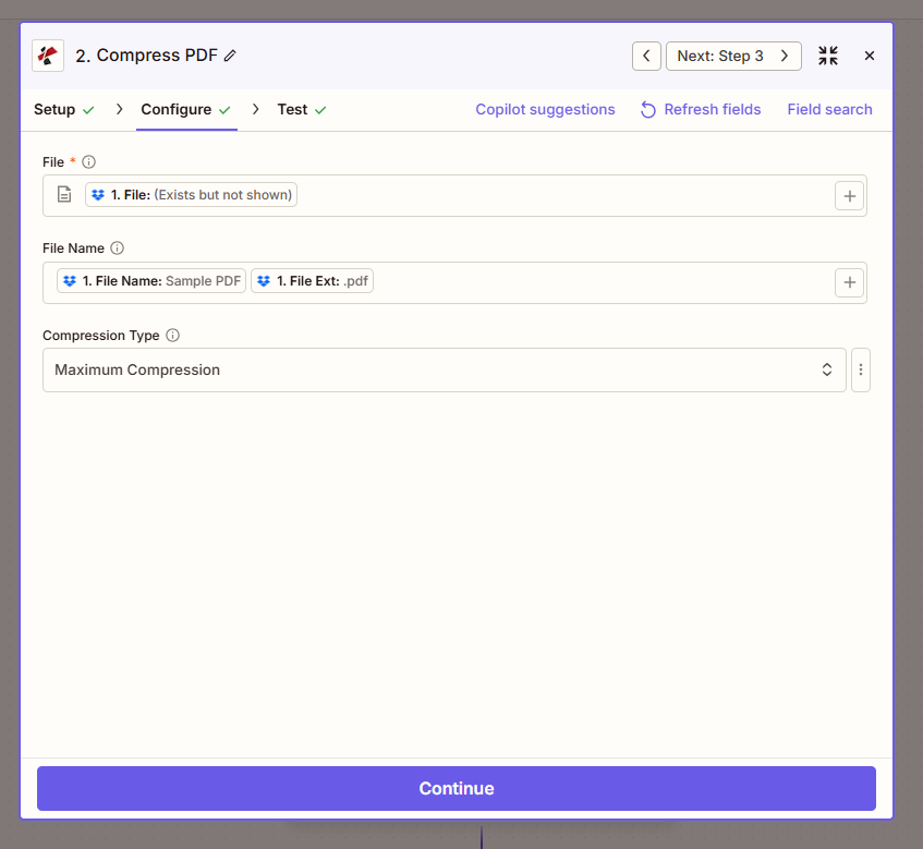 Compress PDF: File from step 1, File Name Sample PDF.pdf, Compression Type Maximum Compression