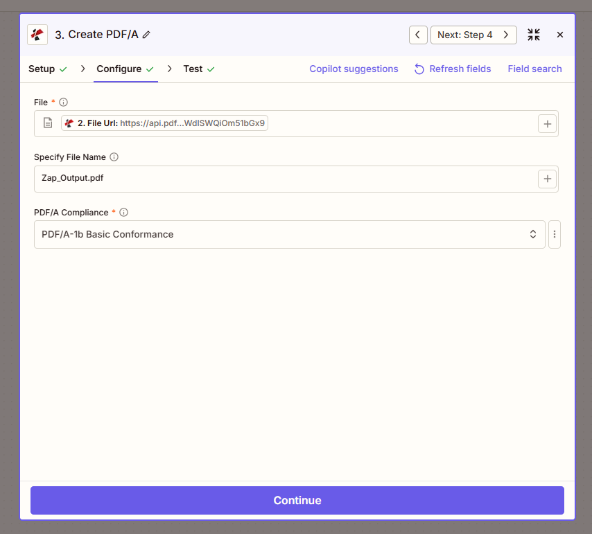 Create PDF/A: File from 2. File Url, Specify File Name Zap_Output.pdf, PDF/A Compliance PDF/A-1b