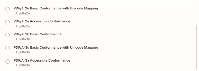 PDF/A Compliance: PDF/A-2u, 2a, 3b, 3u, 3a
