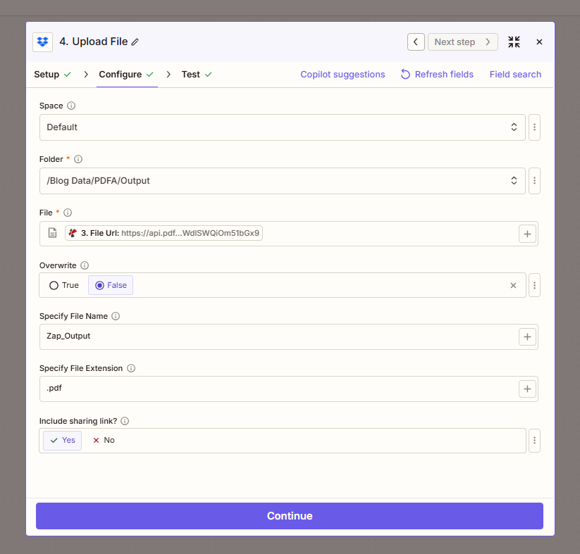 Upload File: Folder /Blog Data/PDFA/Output, File from 3. File Url, Overwrite False, Specify File Name Zap_Output, Extension .pdf