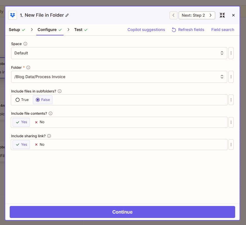 Zapier New File in Folder: Space Default, Folder /Blog Data/Process Invoice, Include file contents Yes, Include sharing link Yes