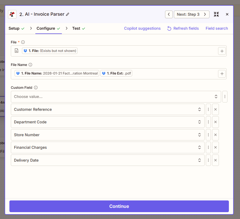 Zapier AI - Invoice Parser: File from step 1, File Name and extension from step 1, Custom fields Customer Reference, Department Code, Store Number, Financial Charges, Delivery Date