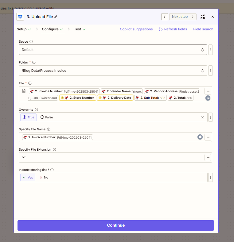 Zapier Upload File: Folder /Blog Data/Process Invoice, File content from step 2 (Invoice Number, Vendor Name, Vendor Address, Store Number, Delivery Date, Sub Total, Total), Specify File Name 2. Invoice Number, Specify File Extension .txt, Overwrite True