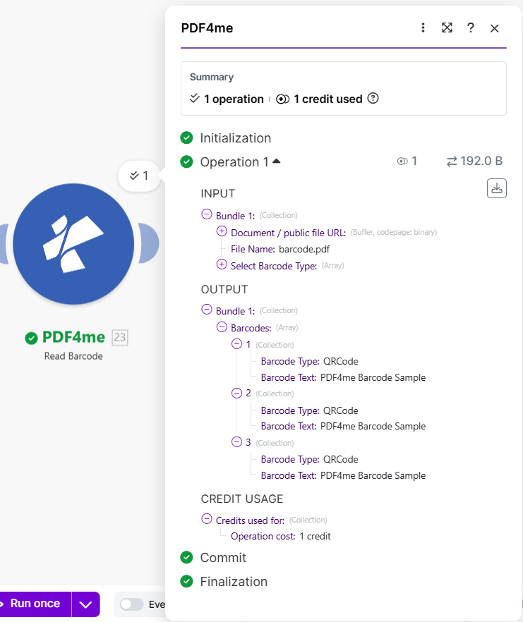Make PDF4me Read Barcode: input document and file name; output Barcodes array with QRCode and Barcode Text