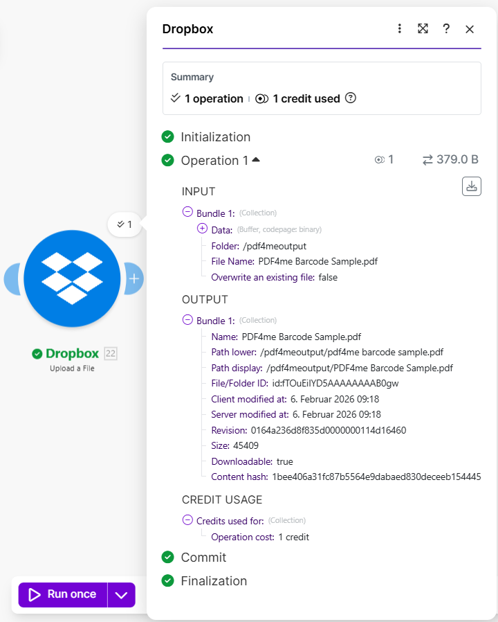 Make Dropbox Upload a File: Folder, File Name from barcode, output path and size