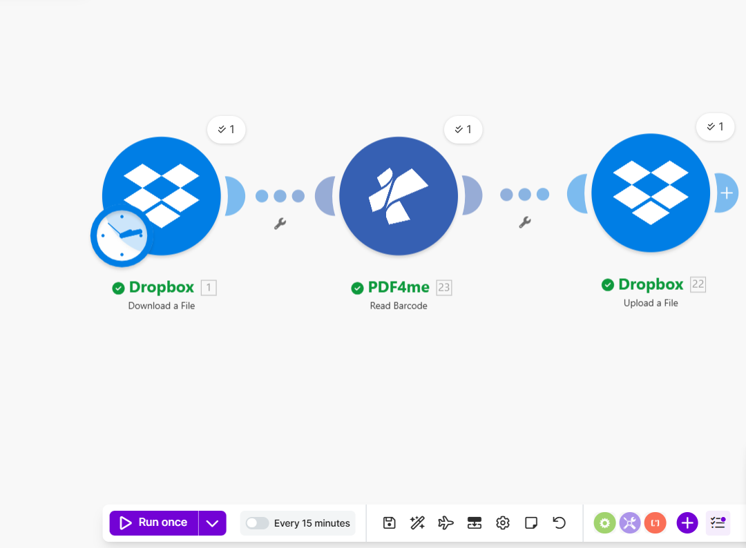 Make scenario: Dropbox Download a File → PDF4me Read Barcode → Dropbox Upload a File