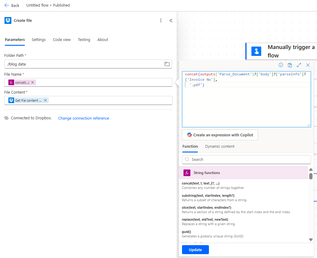 Power Automate Create file: Folder Path /blog data, File Name expression concat(Parse_Document parseInfo Invoice No, .pdf), File Content from Get file content
