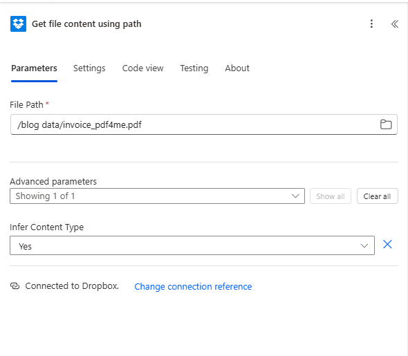 Power Automate Get file content using path: File Path /blog data/invoice_pdf4me.pdf, Infer Content Type Yes, Connected to Dropbox