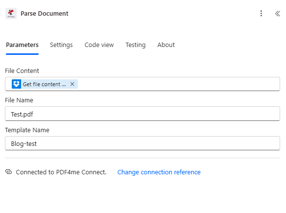 Power Automate Parse Document: File Content from Get file content, File Name Test.pdf, Template Name Blog-test, Connected to PDF4me Connect
